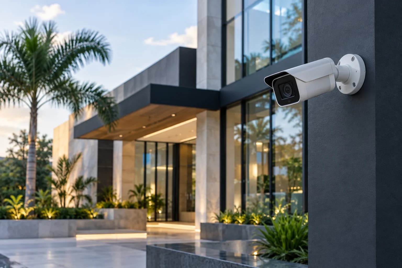 Imagen ilustrativa de una cámara de seguridad en un edificio contemporáneo
